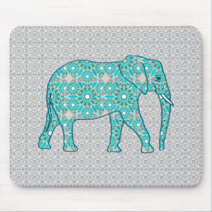 Mandala Blume Elefant - Türkis, Grau und Weiß Mousepad