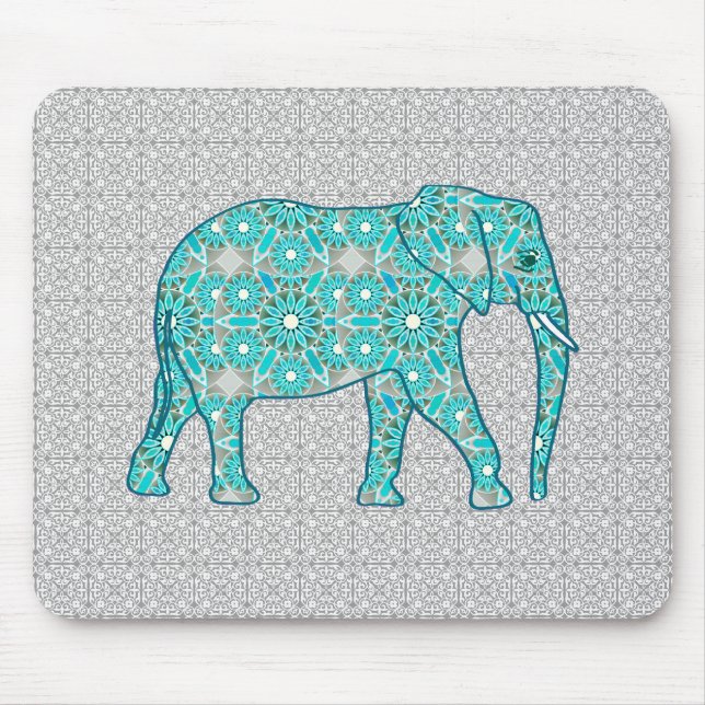 Mandala Blume Elefant - Türkis, Grau und Weiß Mousepad (Vorne)