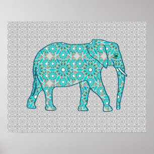 Mandala Blume Elefant - Türkis, Grau und Weiß Poster