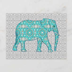 Mandala Blume Elefant - Türkis, Grau und Weiß Postkarte
