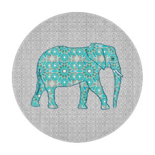 Mandala Blume Elefant - Türkis, Grau und Weiß Schneidebrett