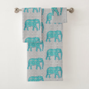 Mandala Blume Elefant, Türkis, Grau & Weiß Badhandtuch Set