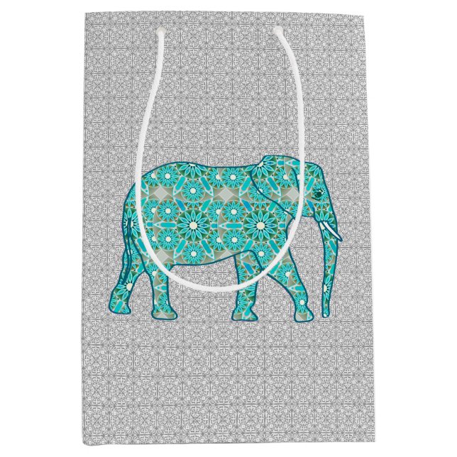 Mandala Blume Elefant, Türkis, Grau & Weiß Mittlere Geschenktüte (Vorderseite)