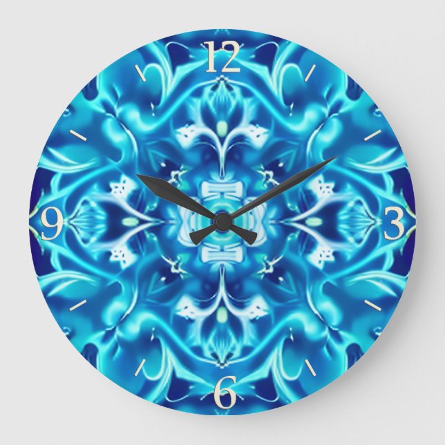 Mandala-Blume in den Farbtönen von Indigoblau Große Wanduhr (Vorderseite)
