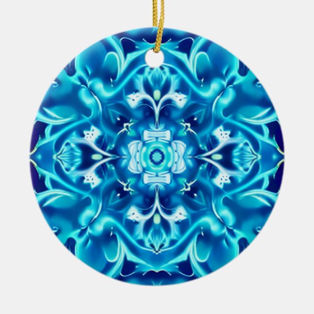 Mandala-Blume in den Farbtönen von Indigoblau Keramik Ornament (Vorne)