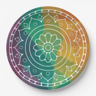 Mandala-Blume in Regenbogen-Low-Poly-farbiger Gest Pappteller