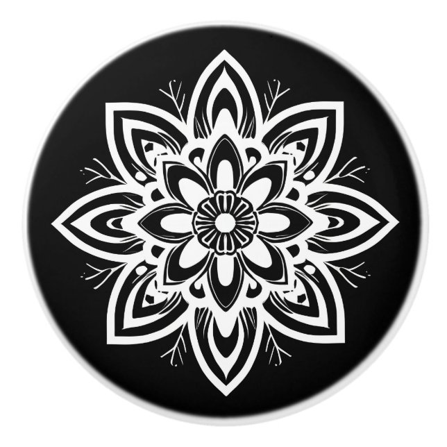 Mandala Blume Pattern in Schwarzweiß Keramikknauf (Vorderseite)