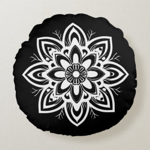 Mandala Blume Pattern in Schwarzweiß Rundes Kissen