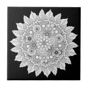 Mandala Blume Schwarz-Weiß Keramik Tile Fliese