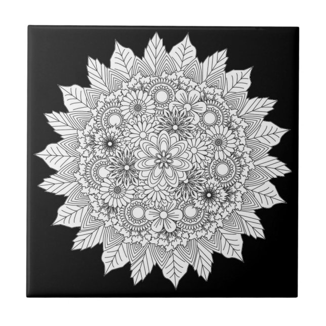 Mandala Blume Schwarz-Weiß Keramik Tile Fliese (Vorderseite)