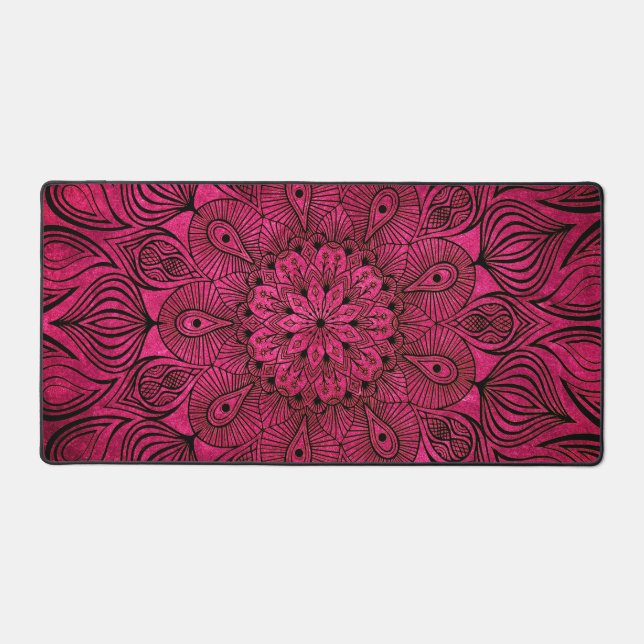 Mandala Blume Zen Coole, lebendige, heiße Rosa Schreibtischunterlage (Vorderseite)
