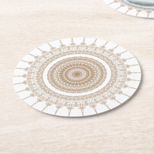 Mandala Bohemisch White Boho Runder Pappuntersetzer (Angewinkelt)