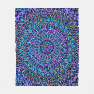 Mandala Boho Blue Aquamarin Lila Peacock Colorful Fleecedecke