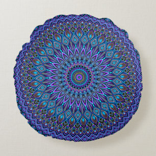 Mandala Boho Blue Aquamarin Lila Peacock Gold Magi Rundes Kissen