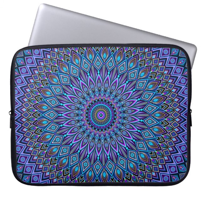 Mandala Boho Blue Aquamarin Lila Peacock Gold Vibr Laptopschutzhülle (Vorderseite)
