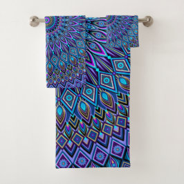 Mandala Boho Blue Aquamarin Lila Peacock Oriental Badhandtuch Set