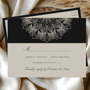 Mandala Boho Indian Elegant Black Wedding RSVP Einladungspostkarte