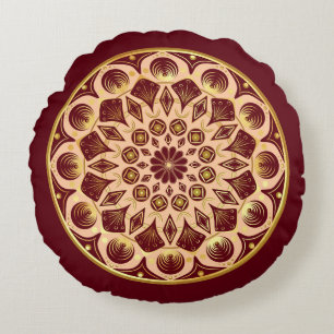 Mandala Bordeauxrot Gold auf Bordeauxrotem Hinterg Rundes Kissen