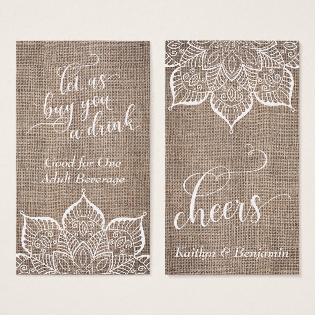 Mandala & Burlap mit Hübschem Skript, Trinkkarten (Vorne & Hinten)