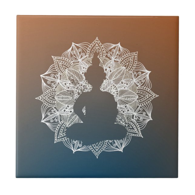 Mandala Circle Buddha Blue und Orange Fliese (Vorderseite)