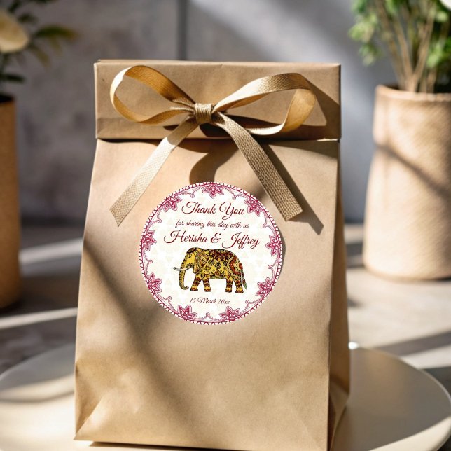 Mandala Elefanten Indische Grenzhochzeit Runder Aufkleber (Mandala elephants Indian border Indian wedding Classic Round Sticker)