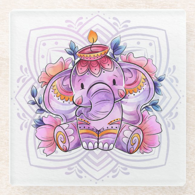 Mandala Elephant/Ganesh Glasuntersetzer (Vorderseite)