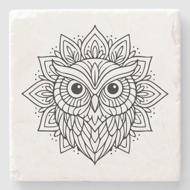 Mandala-Eulen-Kopf-Linienkunst Steinuntersetzer (Vorderseite)