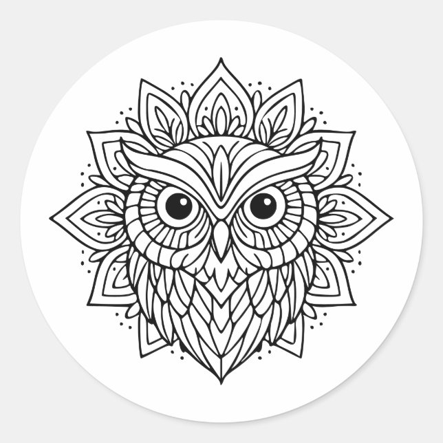 Mandala-Eulenkopf-Linienkunst Runder Aufkleber (Vorderseite)