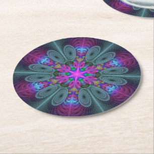 Mandala Farbige Schlagkräftige Fraktal Kunst Kalei Runder Pappuntersetzer