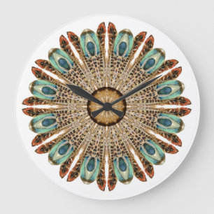 Mandala Federn Aquarell: Natürliches Spitzen-Desig Große Wanduhr