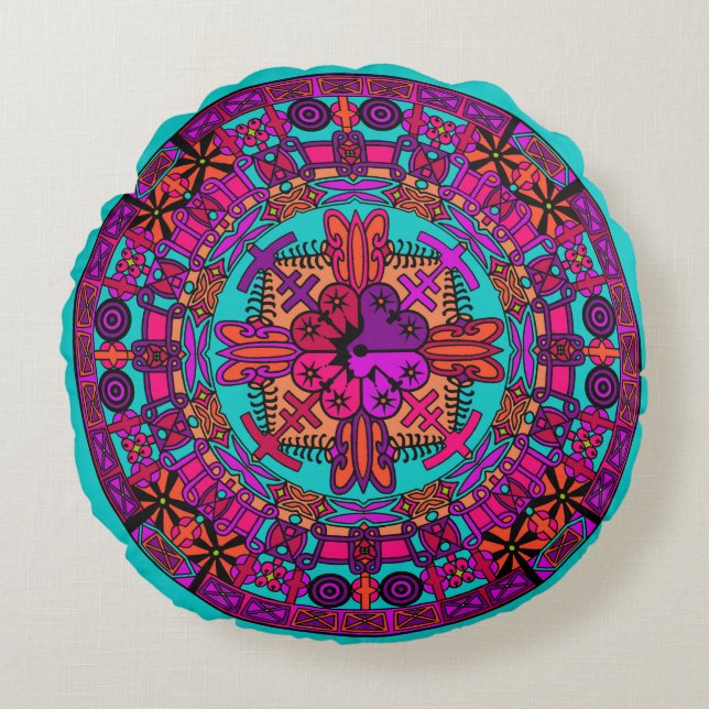 Mandala Floor Pillow Cushion - Aquamarin Rundes Kissen (Vorderseite)