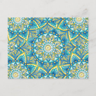 Mandala Floral Blau Türkis Gelbes Muster Postkarte
