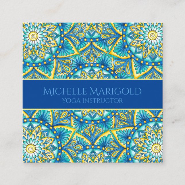 Mandala Floral Elegant Blue Yoga Instructor Quadratische Visitenkarte (Vorderseite)