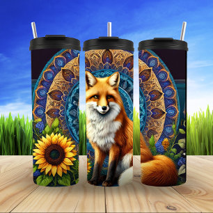 Mandala Fox mit Blumendetails Thermosbecher