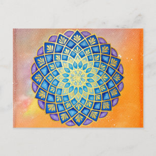 Mandala Gold Orange Watercolor Blau Lila Blume Postkarte