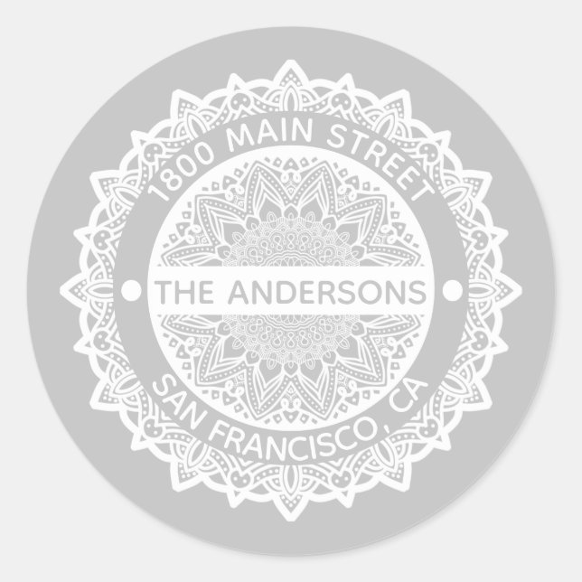 Mandala Gray Address Label Round Aufkleber (Vorderseite)