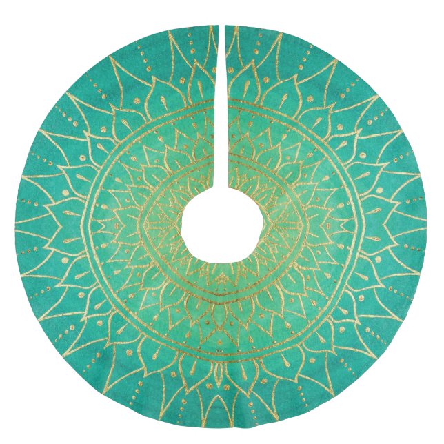 Mandala Green Emerald Gold Weihnachten Polyester Weihnachtsbaumdecke (Vorderseite)