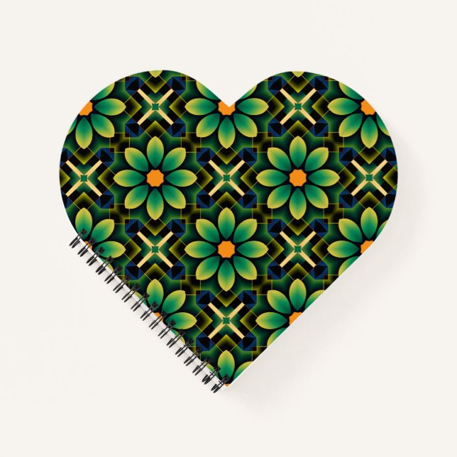 Mandala Green und Yellow Floral Geometric Pattern Notizbuch (Vorderseite)