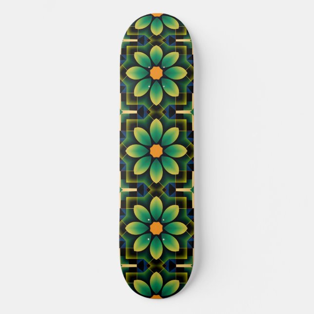 Mandala Green und Yellow Floral Geometric Pattern Skateboard (Vorderseite)