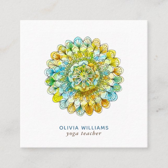 Mandala Green Yellow Spiritual Yoga Business Card Quadratische Visitenkarte (Vorderseite)