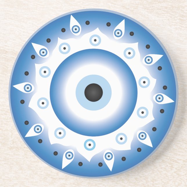 Mandala Griechisch Evil Eye Blue White Getränkeuntersetzer (Vorne)