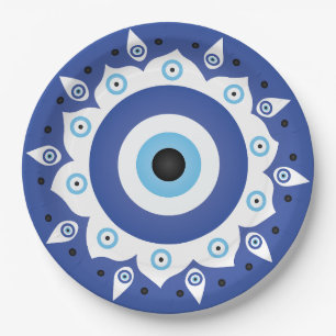 Mandala Griechisch Evil Eye Blue White Pappteller