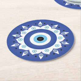 Mandala Griechisch Evil Eye Blue White Runder Pappuntersetzer