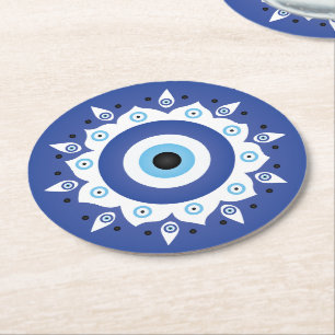 Mandala Griechisch Evil Eye Blue White Runder Pappuntersetzer