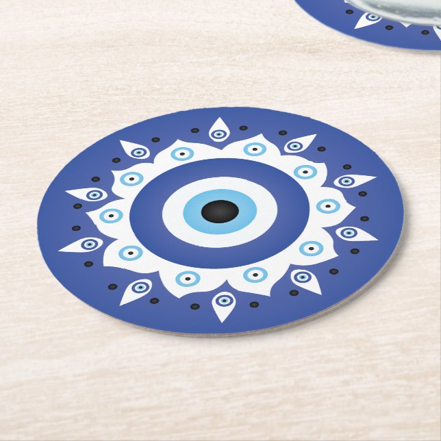 Mandala Griechisch Evil Eye Blue White Runder Pappuntersetzer (Angewinkelt)