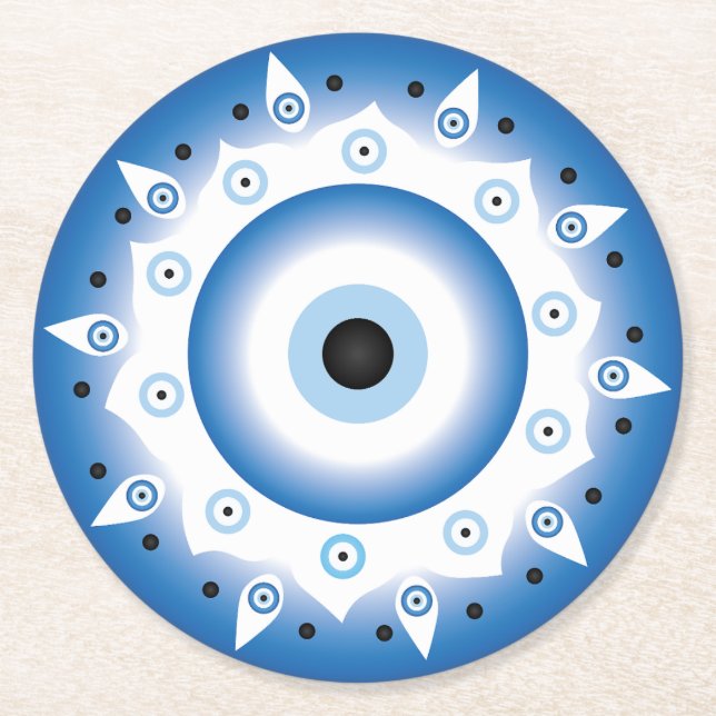 Mandala Griechisch Evil Eye Blue White Runder Pappuntersetzer (Vorderseite)