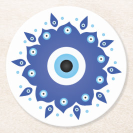Mandala Griechisch Evil Eye Blue White Runder Pappuntersetzer