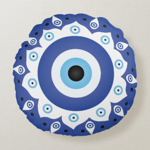 Mandala Griechisch Evil Eye Blue White Rundes Kissen