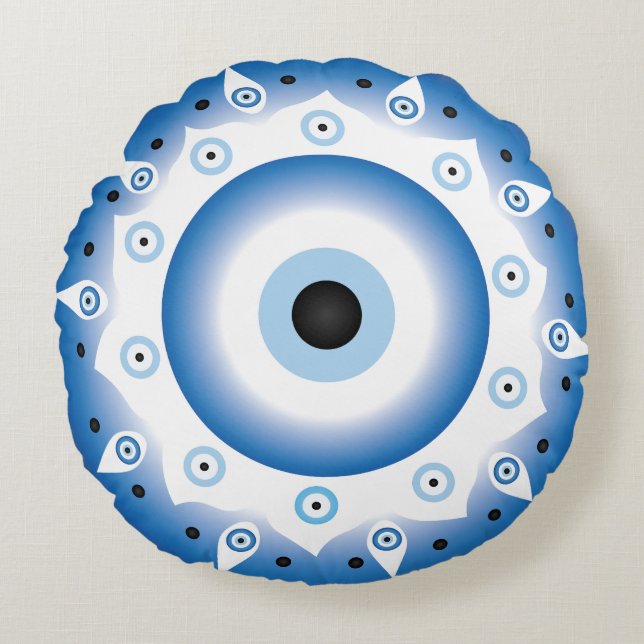Mandala Griechisch Evil Eye Blue White Rundes Kissen (Vorderseite)