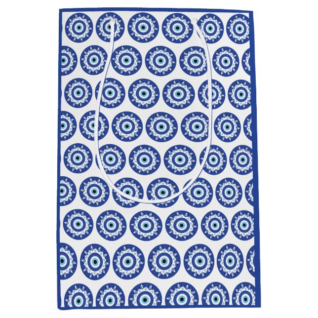 Mandala Griechisch Evil Eye Pattern Blau Weiß Mittlere Geschenktüte (Vorderseite)